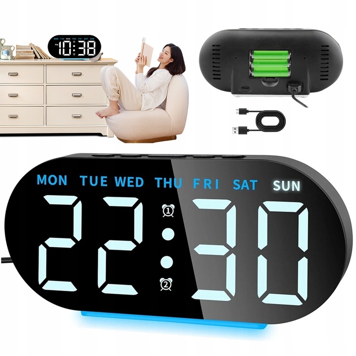 Ceas electronic modern cu termometru LED ajustabil, alb, 3x10x5cm