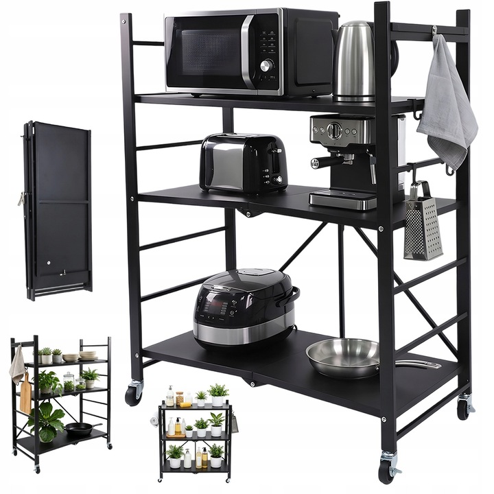 Raft metalic pliabil, 3 niveluri, negru, 71x34x89cm, set cu roti
