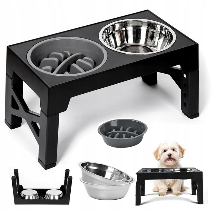 Set 3 boluri reglabile pentru caini, otel inoxidabil, negru-gri, 43x23cm