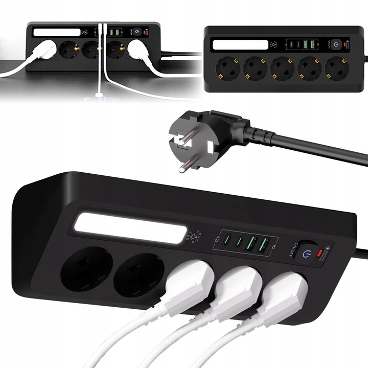 Prelungitor coltar 5 prize 4 USB LED negru 25,5x7,5x10cm
