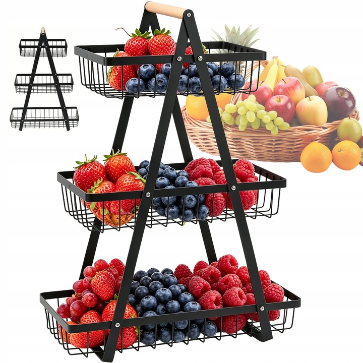Cos fructe si legume, trei niveluri, metal si lemn, negru, 36,2x18cm 30x18cm 24,2x18cm