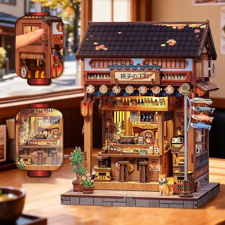 3D miniatűr ház puzzle készlet LED-del, fa, 19.2x16.3x14.1cm