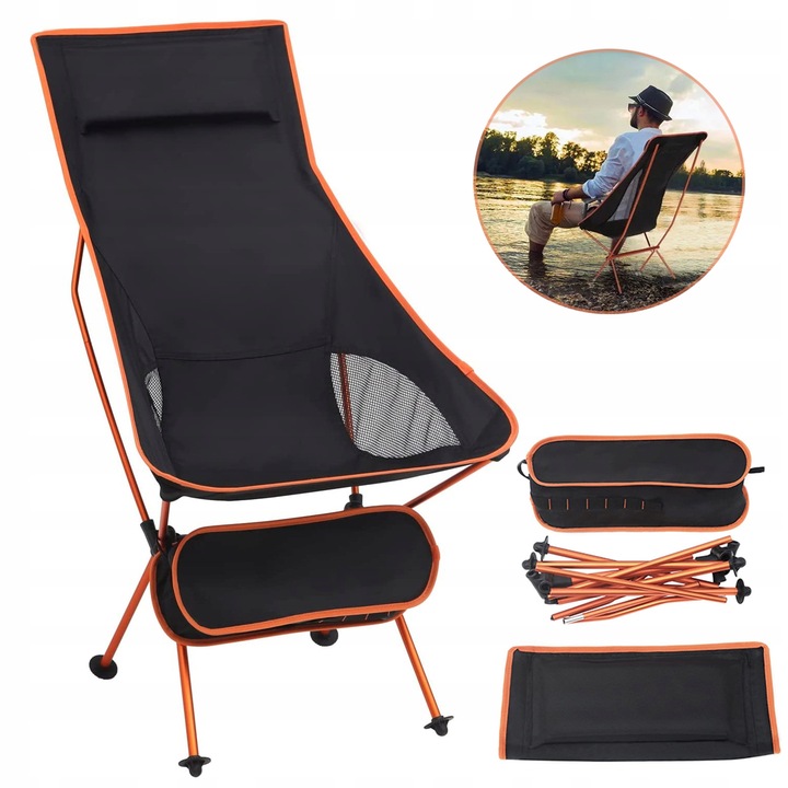 Scaun camping pliabil cu spatar ultrausor mare, negru