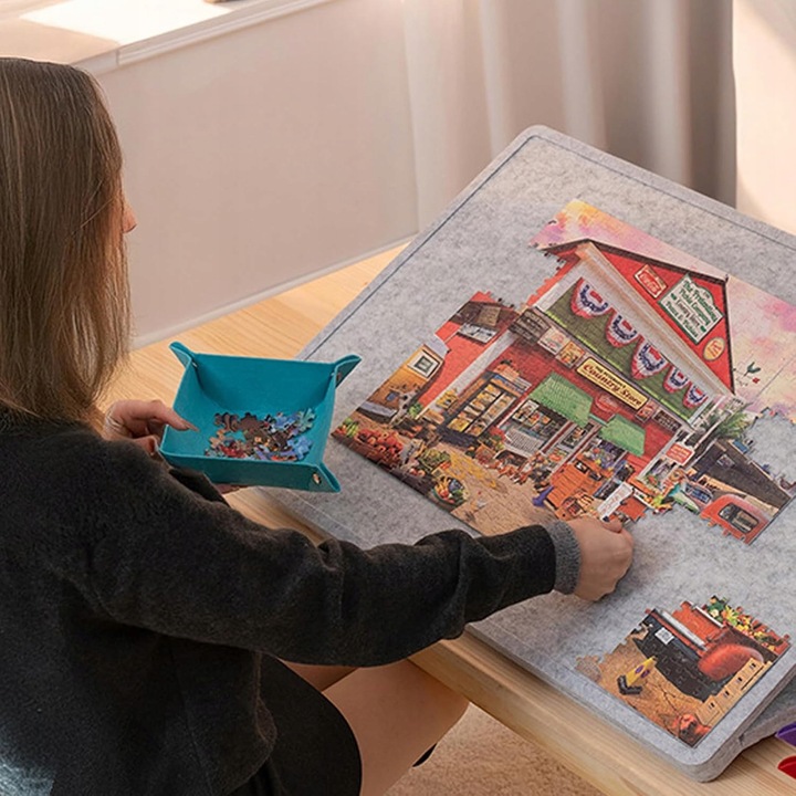 Összecsukható puzzle asztal 1000 daraboshoz, 3 szögben állítható, porvédelemmel, szürke, 6 rendező tálca