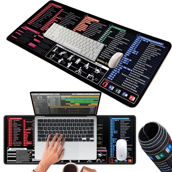 Egérpad íróasztalra 80x30cm fekete Excel Word PowerPoint gyorsbillentyűkkel