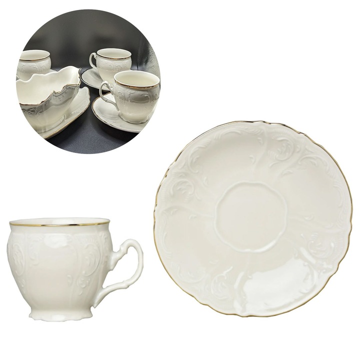 Cana cu farfurie Thun Bernadotte, portelan alb cu detalii aurii, 240ml 16x16cm