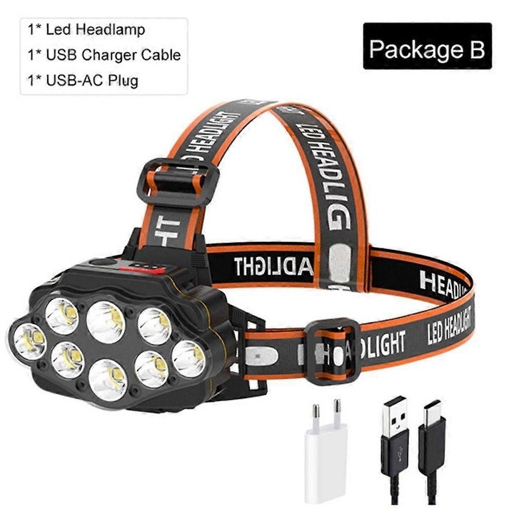 LED fejlámpa 8 izzóval, USB újratölthető, alumínium, fekete, 290g