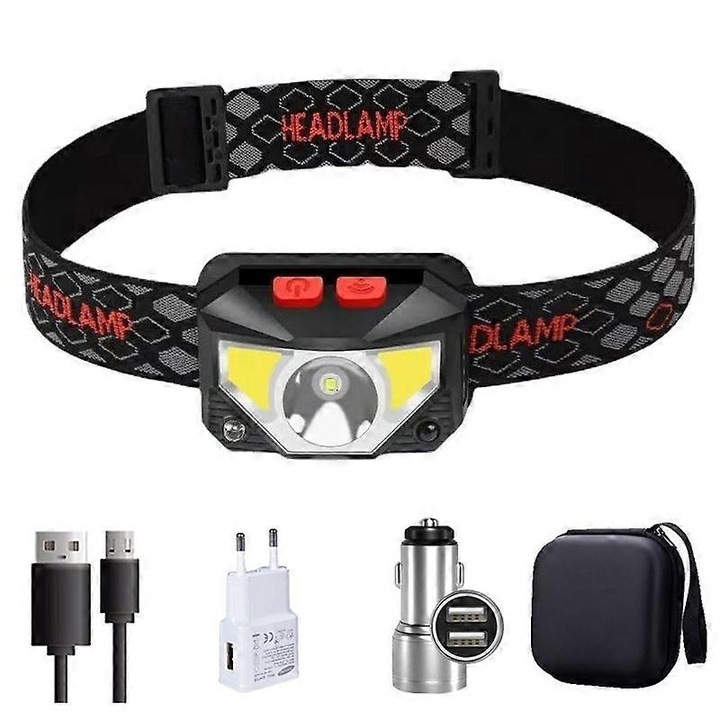 LED mini lámpa XPE+COB, szenzor, 8 mód, 1200mAh akkumulátor, USB, homlokra rögzíthető, hordozható