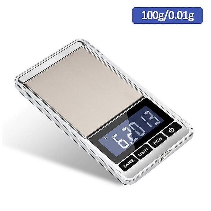 Cantar digital portabil mini, precizie 0.01g, inox, 11.6x6.4x1.7cm
