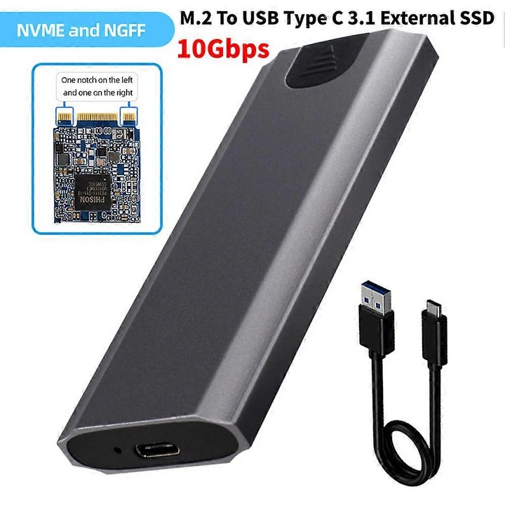 Carcasa externa SSD M.2 USB Type-C 3.1, dual protocol, aluminiu, 10.5x4x1.2cm