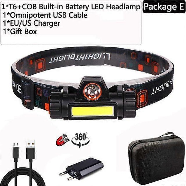 LED fejlámpa 8 izzóval, USB újratölthető, alumínium, fekete, 290g