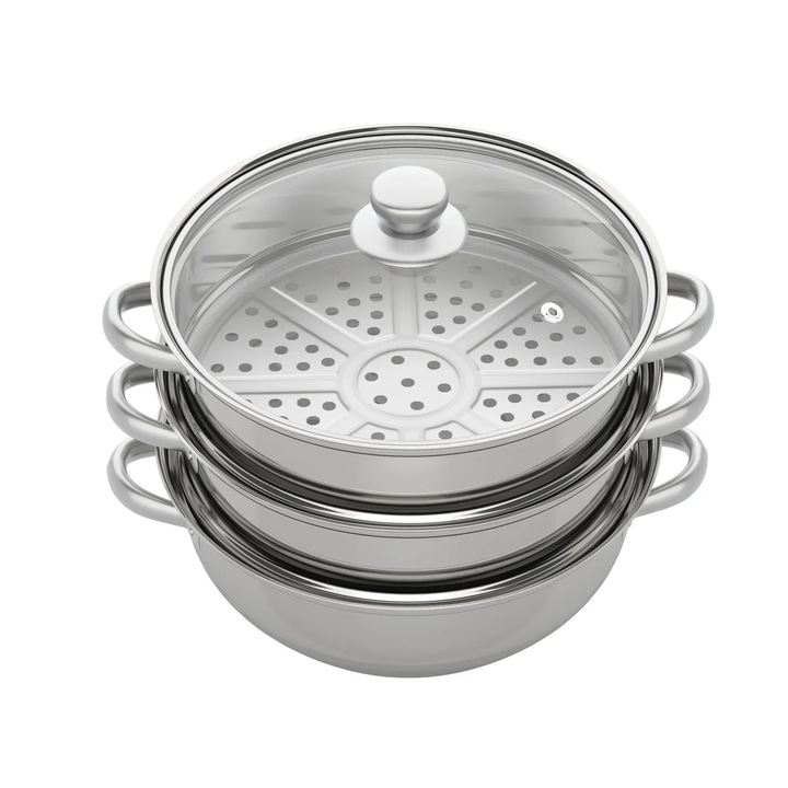 Gőzedény 28 cm, 3 szintes rozsdamentes acél gőzölő edény, bain-marie típusú, üvegfedők gőznyílással, kerek forma, világosszürke