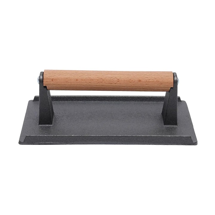 Presa gratar carne, Presa hamburger fonta, Greutate steak, Maner din lemn termorezistent, 21x10, 5 cm, Negru