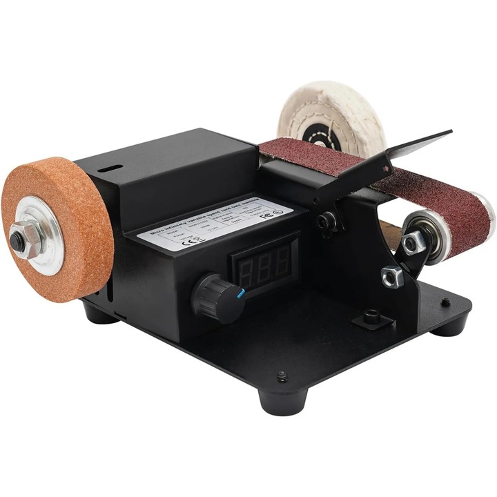 Mini szalagcsiszoló, 350W-os elektromos asztali csiszológép, Álló, 10 csiszolószalaggal és 1 csiszolókoronggal, Adapterrel, Fához és fémhez