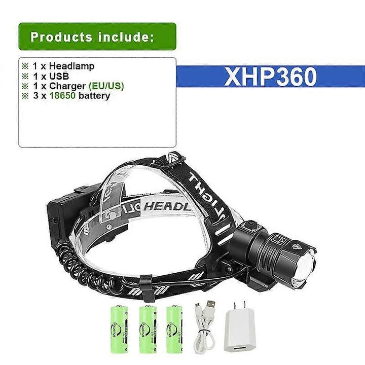 USB újratölthető LED fejlámpa, szuper erős, teleszkópos, fekete, 6.5x6.5x4.2cm