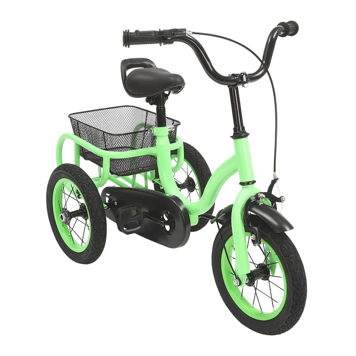 Bicicleta copii 30 cm, tricicleta cu roti ajutatoare, pentru varste 2–5 ani, sa si ghidon reglabil, frana fata, cadru stabil din otel, pana la 25 kg, cos, verde deschis