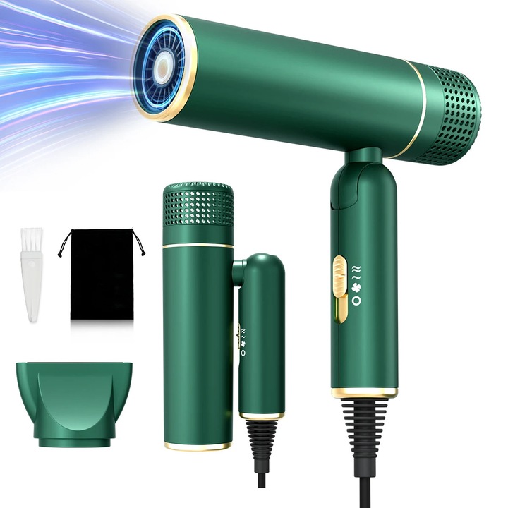 Uscator de par, Montaj pe perete 1600 W pliabil, Uscare rapida, Tehnologie ionica, Aer cald si rece, 100–240 V dubla tensiune, Verde