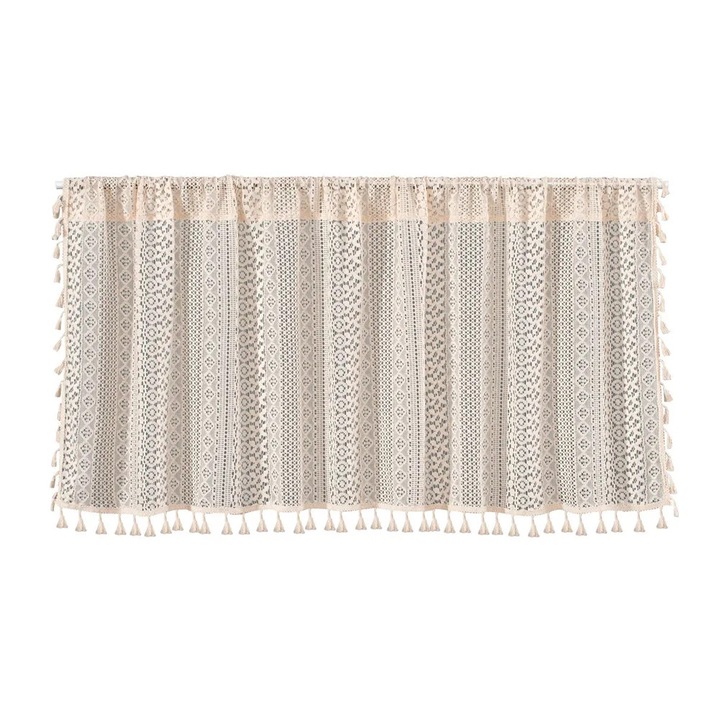 Perdea scurta bucatarie tip cafenea, perdea romana jumatate geam, stil boho farmhouse din in cu ciucuri, 1 panou 150x60 cm, pentru dulap si fereastra