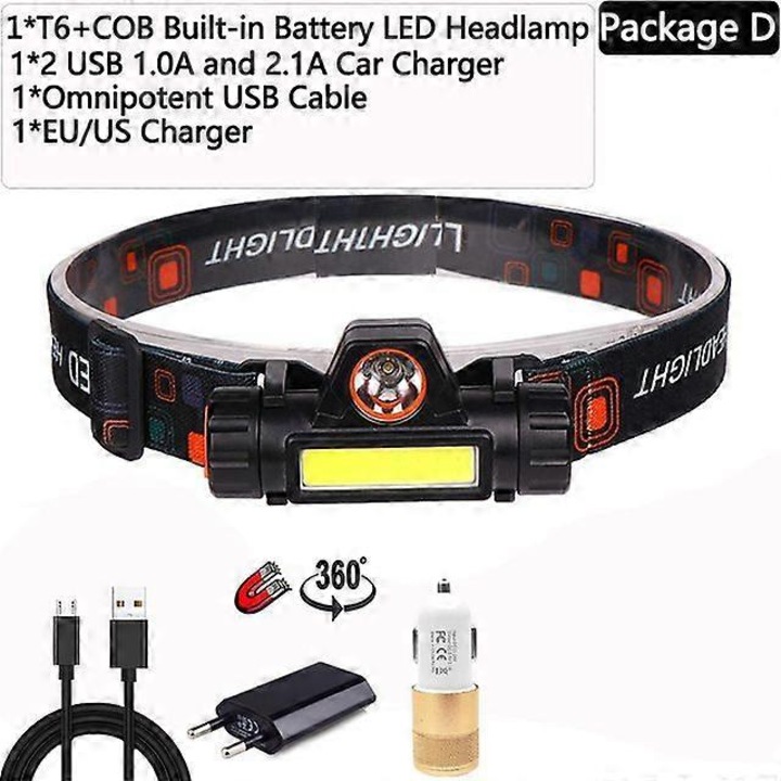 LED fejlámpa 8 izzóval, USB, vízálló, 290g, 100-200m, alumínium
