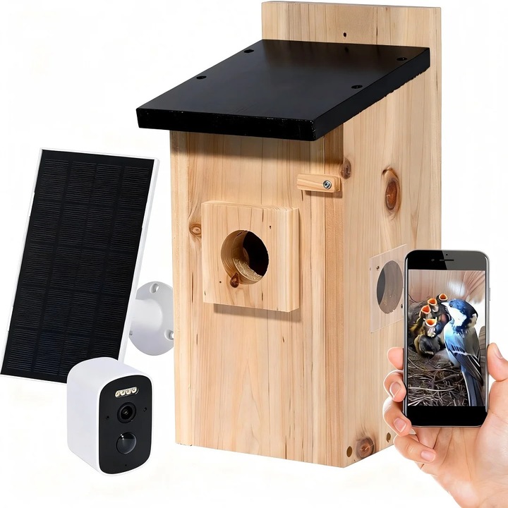 Intelligens fa madárház, Fészek videókamerával, Napelem, 5MP kamera, IP66 vízálló, éjjellátó, alkalmazásvezérlés, DIY festőkészlet