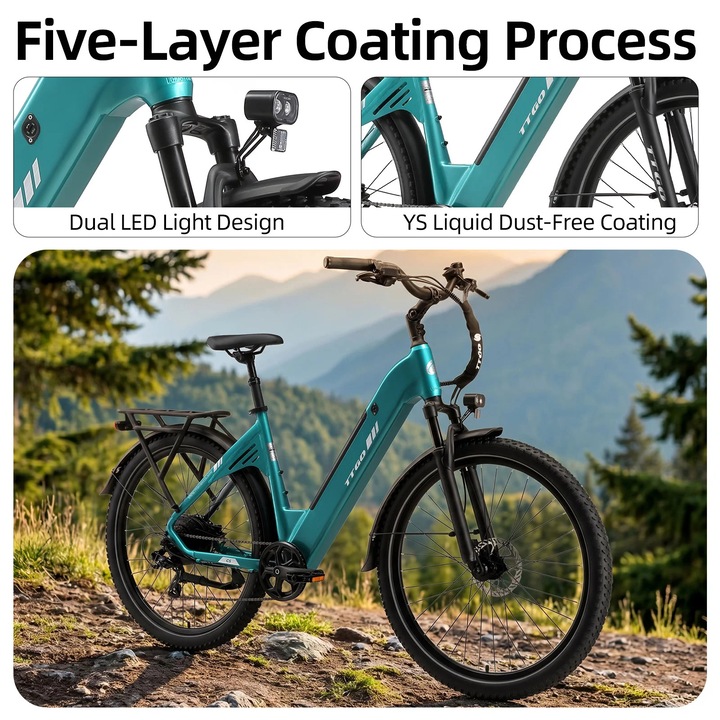 Bicicleta electrica C5, E-bike adulti, Baterie litiu 48V 13, 5Ah, Motor 250W 70 Nm, Frane pe disc hidraulice, Roti 70 cm, Verde