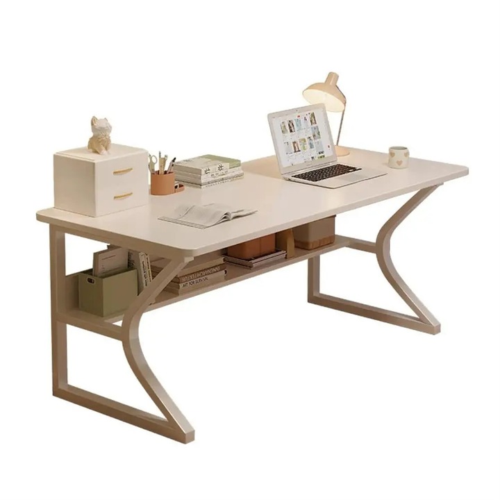 Otthoni irodai számítógépasztal, Laptop íróasztal, Kis íróasztal 80x50x75 cm tárolópolcokkal, Fémváz, Modern stílus, Fehér