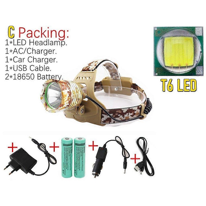 LED fejlámpa XML T6, alumínium, állítható, fekete, 2x18650, vízálló