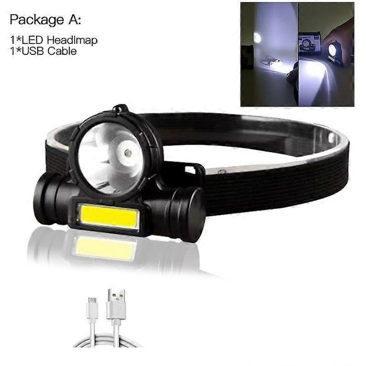 Hordozható fejlámpa, COB LED, fekete, állítható, 18650, USB, mágnes, 3 mód, kompakt