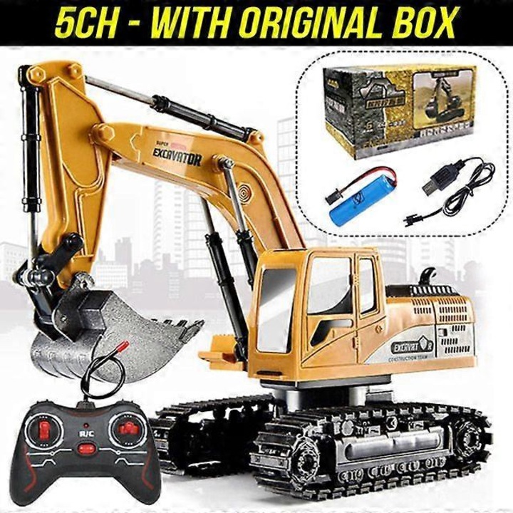 Excavator RC 1:24, 6CH, galben, aliaj sau plastic, 30x15x10cm
