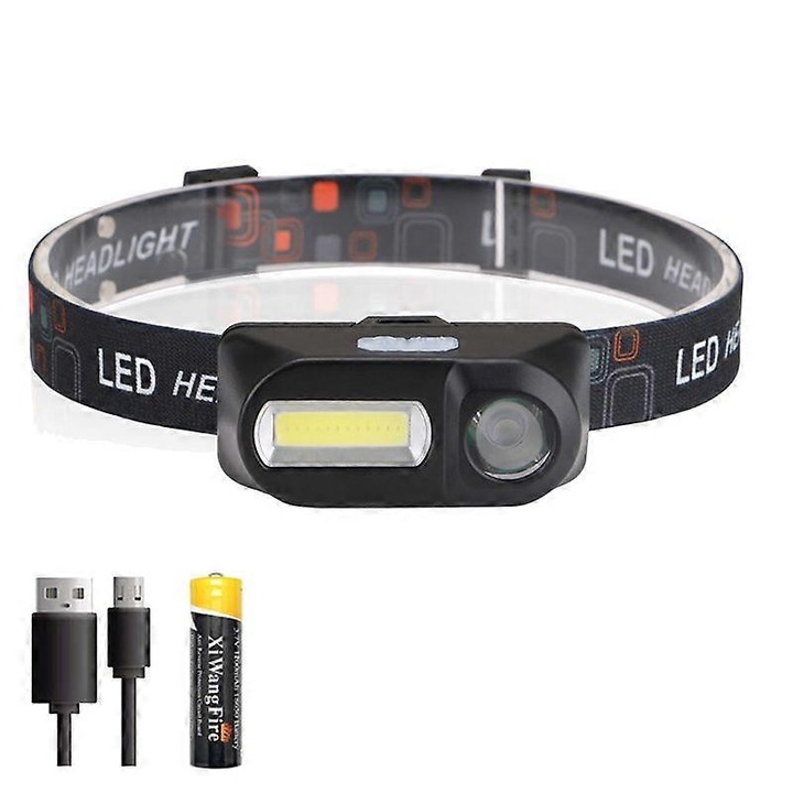 Mini hordozható LED lámpa XPE+COB USB, fekete, 18650