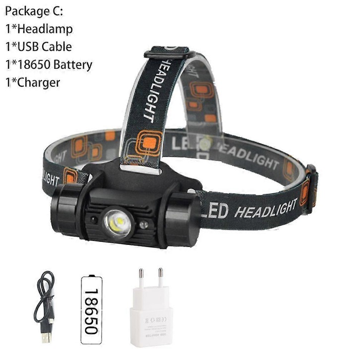 LED fejlámpa, mozgásérzékelő, Micro USB töltés, vízálló, 1000lm, 18650, fekete