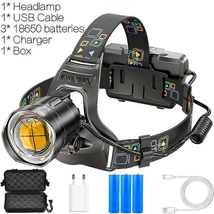 XHP100 LED fejlámpa, erős, állítható, USB, vízálló, 18650, 2500m, fekete