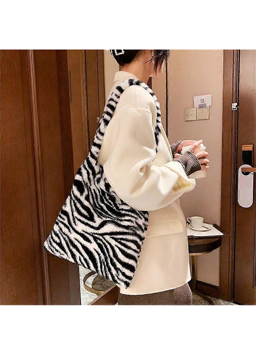 Női táska, tote modell, tehén mintás, nagy kapacitású, fekete-fehér, zebra, L