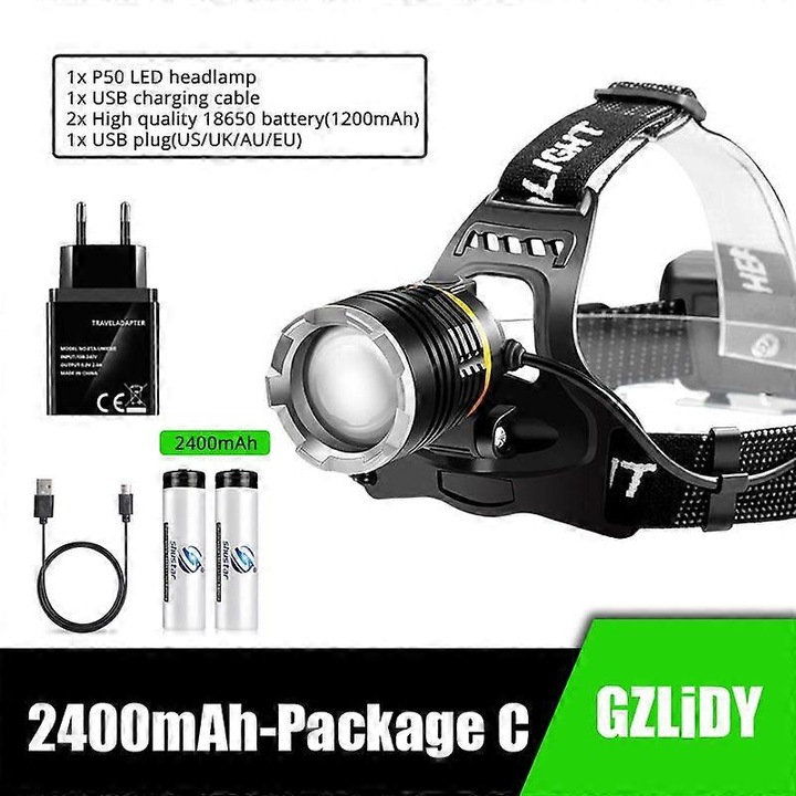 Xhp50 LED lámpa, USB, zoom, vízálló, 18650, 1200mAh