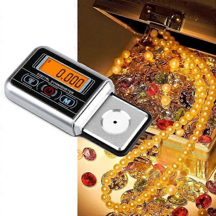 Cantar electronic bijuterii 20/100g precizie inalta, ecran LCD portocaliu, negru argintiu, 9.5x4.5x1.3cm