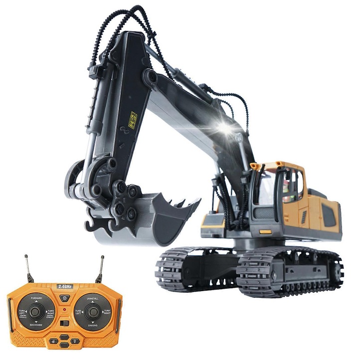 Excavator RC 1/20 galben-negru cu lumini si sunet 34.7x16x13.6cm set