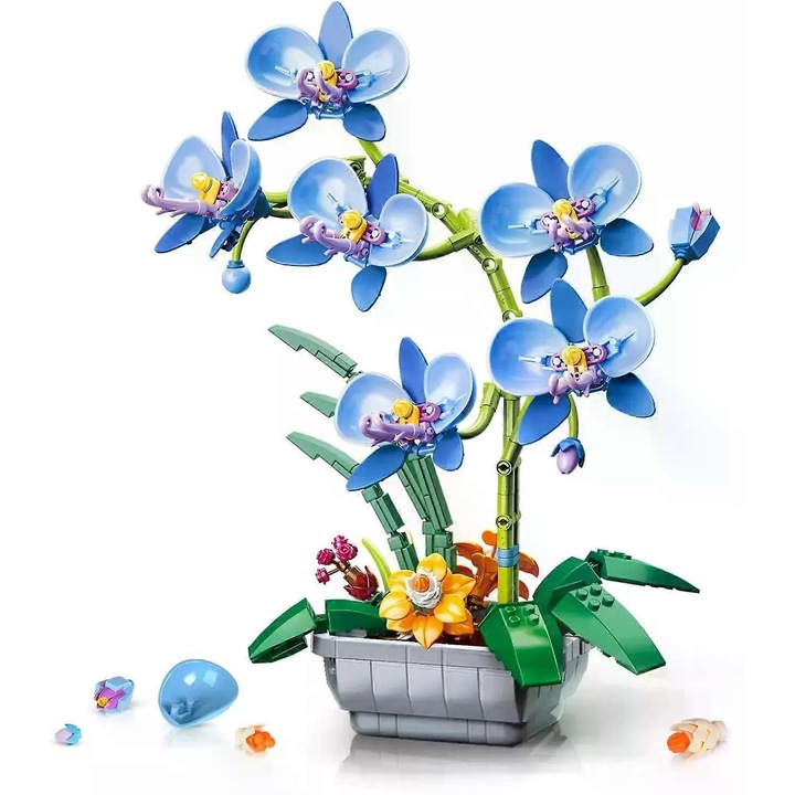 Fehér orchidea építőszett, 581 darab, műnövény dekoráció, 30x25x15cm