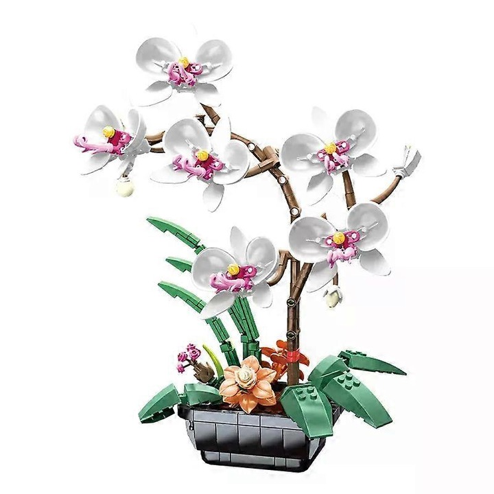 Fehér orchidea építőszett, 581 darab, műnövény dekoráció, 30x25x15cm