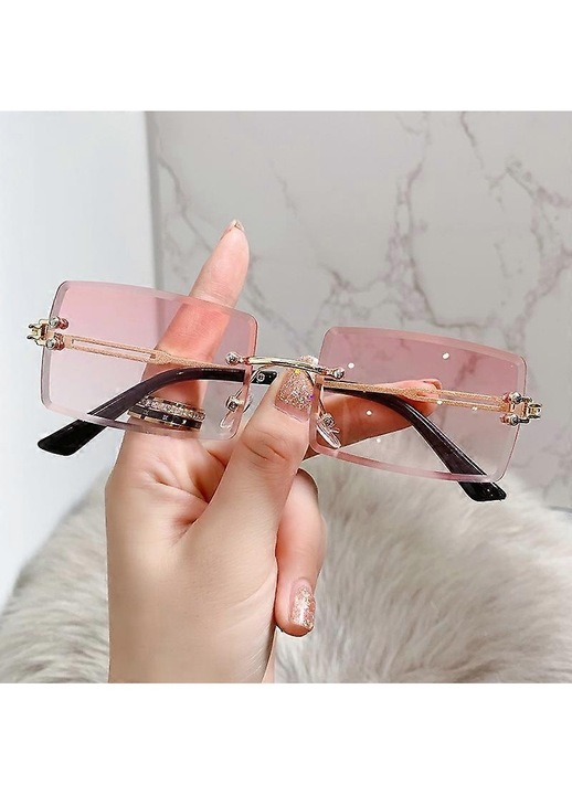Ochelari de soare dama vintage dreptunghiulari fara rama roz gradient