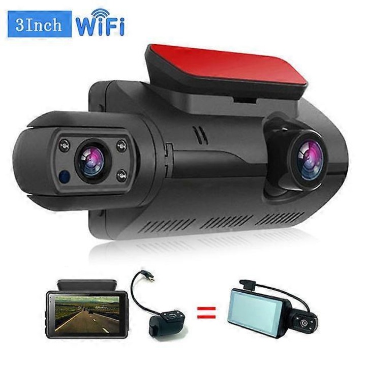 Kamera autó DVR kettős lencse 1080P, fekete, 3 hüvelyk, 32GB, WiFi opcionális