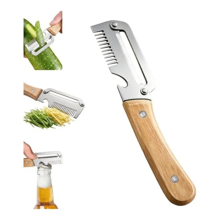 Curatator legume multifunctional 3 in 1, otel inoxidabil, maner lemn