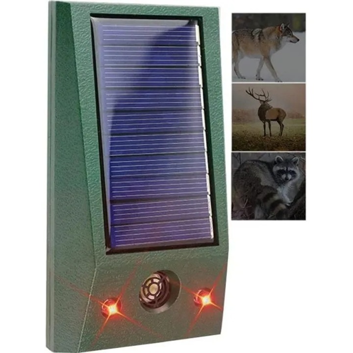 Repelent ultrasonic cu senzor miscare, lumina intermitenta rosu-alb, solar, IP58, 9-36.5kHz