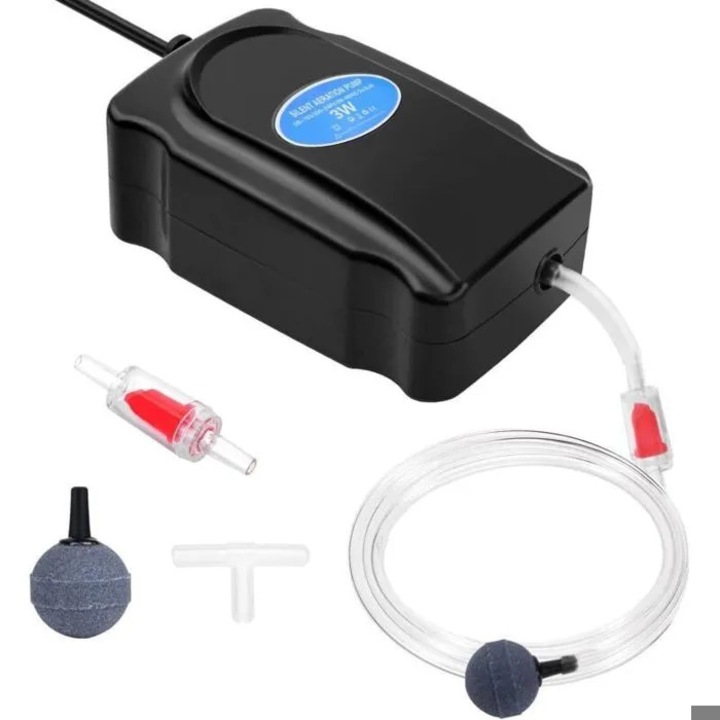 Pompa aer 3W silentioasa cu furtun 1.5m si accesorii pentru acvarii apa dulce si sarata