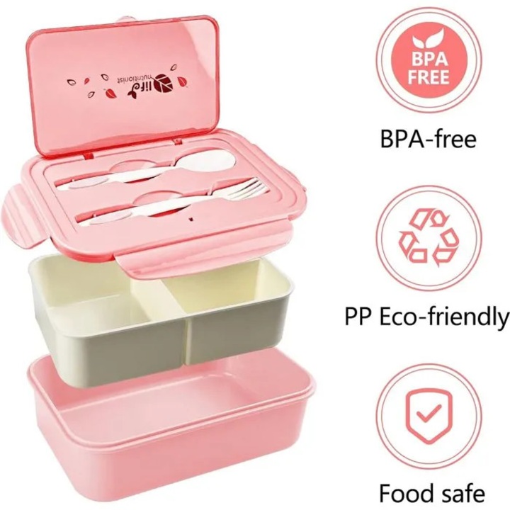 Bento ételtartó doboz 3 rekeszes 1400ml szivárgásmentes BPA-mentes evőeszközökkel