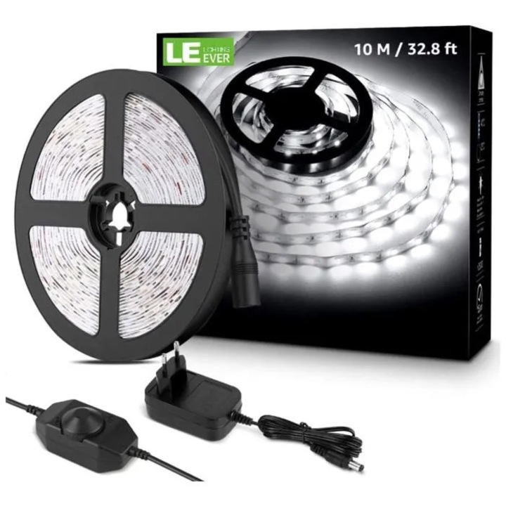 Banda LED 10m, alb rece, 600 LED-uri, dimabila, 12V, kit complet