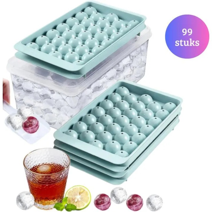 Jégkocka forma, kerek jégkockák, szilikon, dobozzal és lapáttal