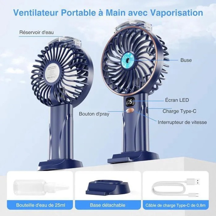 Ventilator spray, 5 viteze, reincarcabil USB, silentios, alb
