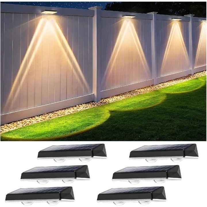 Set 6 lampi solare de perete, 3 moduri, rezistente la apa, alb, 100x100x50mm
