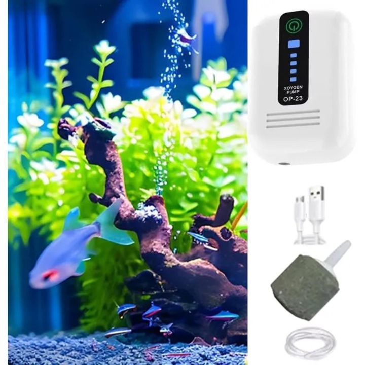 Pompa aer compacta USB, silentioasa, portabila, pentru acvarii si iazuri, neagra