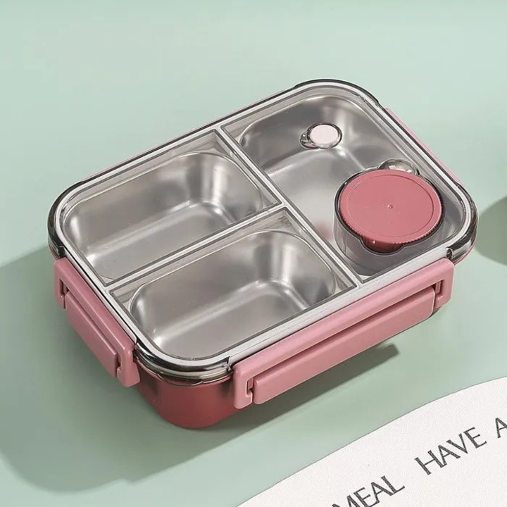 Bento uzsonnásdoboz 3 rekeszes rozsdamentes acél piros 850ml